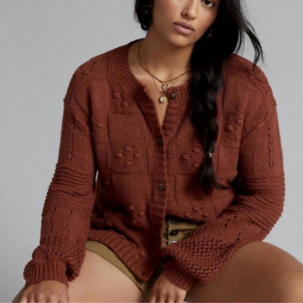 Pilcro Rust Cable-Knit Puff Sleeve Cardigan Sweater Size XS